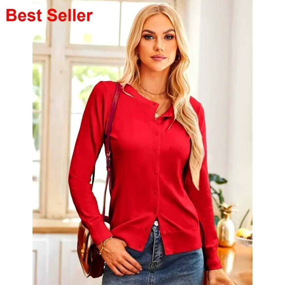 Long Sleeve Button Down Cardigan, Stretchy Knit, Office Essential, S-2XL
